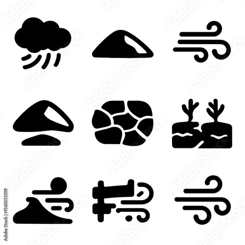 Wind Erosion Icons. Solid, filled icon set of erosion caused by wind: dust storm, sand dune, wind gust, desert, dry soil, barren