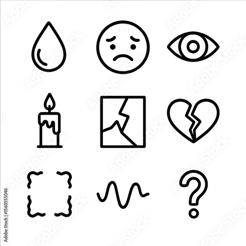 Emotional Vulnerability Icons. Outline icon set of emotional vulnerability: tear drop, furrowed brow, open eye, dripping candle,