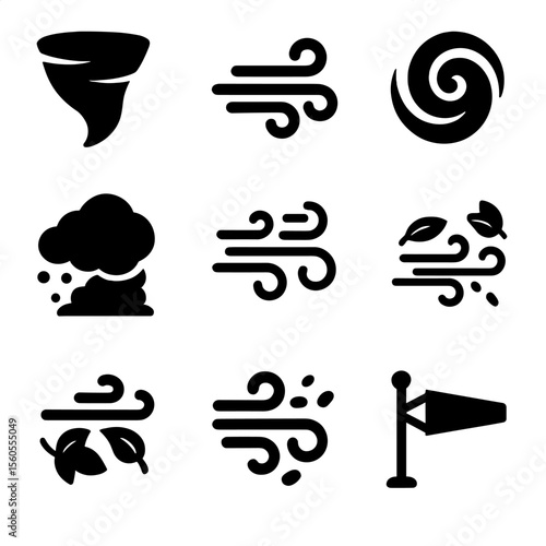 Wind Phenomena Icons. Solid, filled icon set of wild winds phenomena: tornado, gust of wind, whirlwind, dust storm, gale force,