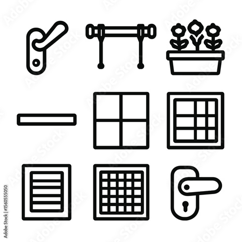Window Details Icons. Solid, filled icon set of window details and accessories: window latch, curtain rod, flower box, window sill