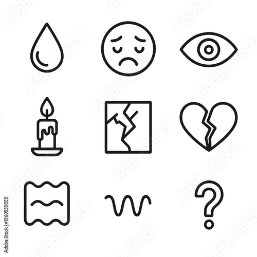Emotional Vulnerability Icons. Outline icon set of emotional vulnerability: tear drop, furrowed brow, open eye, dripping candle,