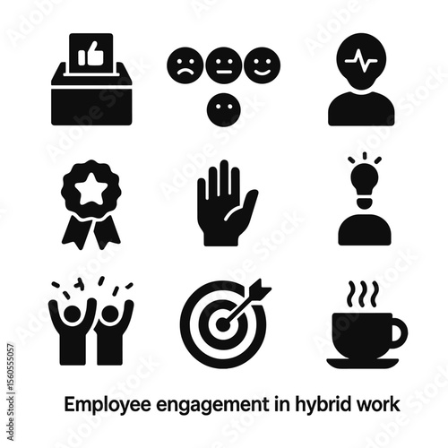 Employee Engagement Icons. Solid, filled icon set of employee engagement in hybrid work: feedback box, mood tracker, pulse survey,