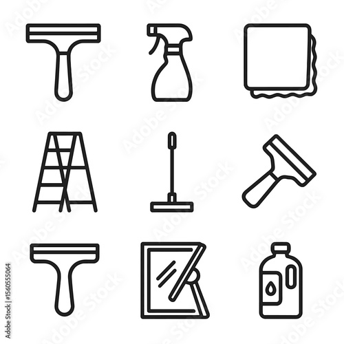 Window Cleaning Icons. Outline icon set of Window and Glass Cleaning: squeegee, glass cleaner spray, microfiber cloth, ladder,