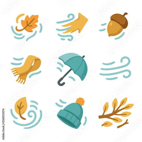 Windy Autumn Icons. Isometric Flat icon set of autumn windy day: swirling leaf icon, gust arrow, falling acorn, flying scarf,