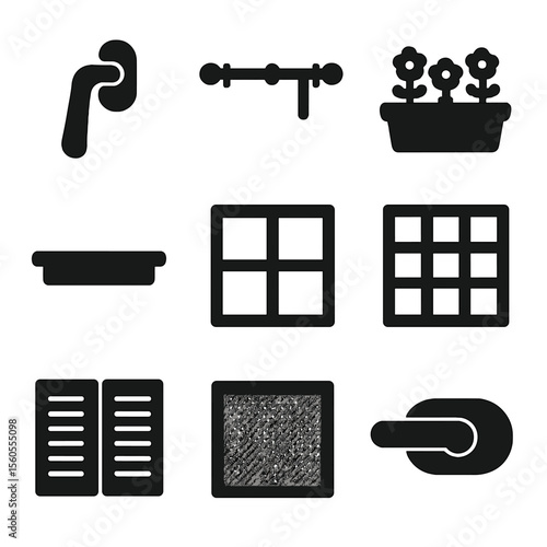 Window Details Icons. Solid, filled icon set of window details and accessories: window latch, curtain rod, flower box, window sill