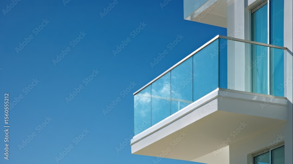 Fototapeta premium Modern Balcony Design with Clear Glass Railing Against Blue Sky