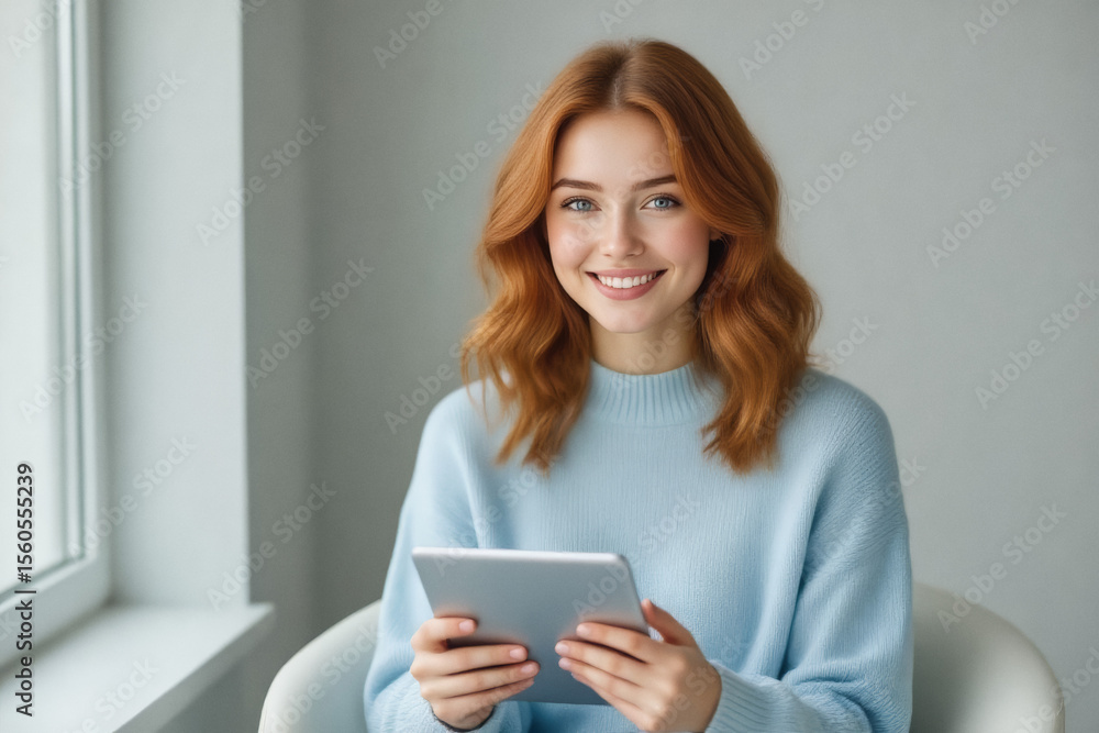A smiling young woman with red hair holds a tablet while seated near a window. A smiling young woman with red hair holds a tablet while seated near a window.