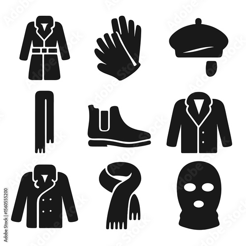 Winter Fashion Icons. Solid, filled icon set of winter fashion for urban style: trench coat, leather gloves, knit beret, slim