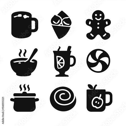 Winter Food Icons. Solid, filled icon set of winter food and drinks: hot chocolate, roasted chestnuts, gingerbread cookie, warm
