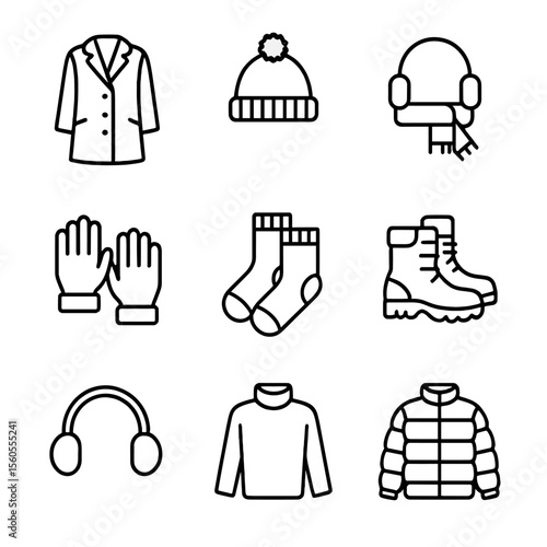 Winter Outfit Icons. Outline icon set of winter travel outfits: wool coat, knit beanie, scarf, gloves, thermal socks, snow boots,