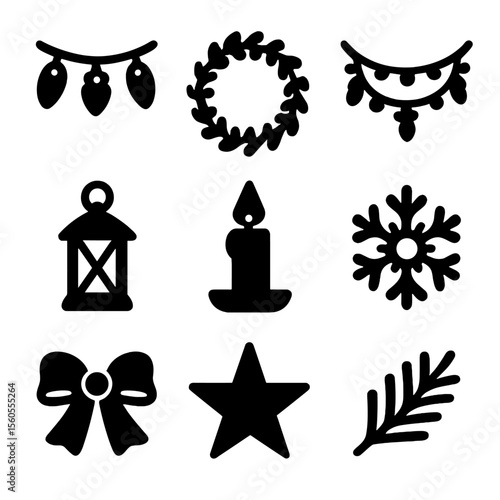 Winter Solstice Icons. Solid, filled icon set of Winter solstice decorations: fairy lights, wreaths, garlands, lanterns, candles,
