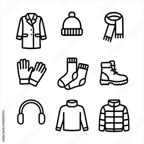 Winter Outfit Icons. Outline icon set of winter travel outfits: wool coat, knit beanie, scarf, gloves, thermal socks, snow boots,