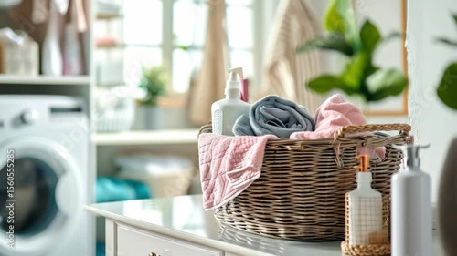 A well-organized laundry space features neatly folded towels and detergent in stylish baskets. The bright room is filled with natural light and plants for a fresh atmosphere