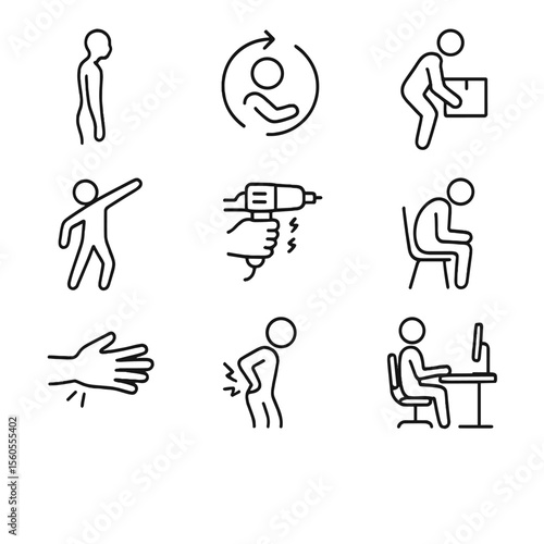 Ergonomic Hazard Icons. Outline icon set of ergonomic hazard evaluation: poor posture silhouette, repetitive motion arrow, heavy