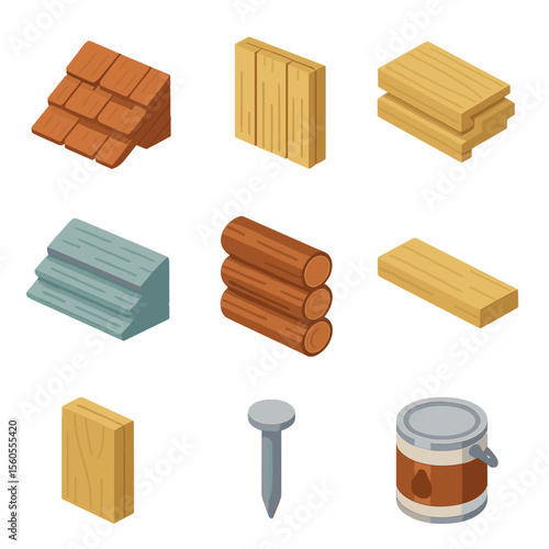 Wood Siding Icon Set. Isometric Flat icon set of wood siding types: cedar shingle, board and batten panel, tongue and groove board