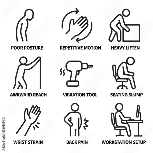 Ergonomic Hazard Icons. Outline icon set of ergonomic hazard evaluation: poor posture silhouette, repetitive motion arrow, heavy