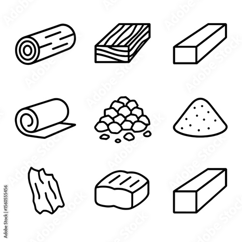 Wood Products Icons. Outline icon set of timber and wood products: log, plywood sheet, lumber plank, veneer roll, wood chip pile,
