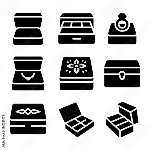 Wooden Jewelry Box Icons. Solid, filled icon set of handcrafted wooden jewelry boxes: hinged box, drawer organizer, ring holder,