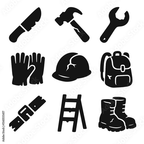 Worn Tool Icons. Solid, filled icon set of worn tools and equipment: dull knife, broken hammer, rusted wrench, worn gloves,