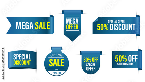 Offer tag collection featuring sale and new labels. Includes red scrolls, banners, discount ribbons, shopping tags, and promotional icons.