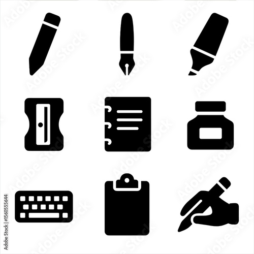 Writing Tools Icons. Solid, filled icon set of writing tools: pencil, pen, highlighter, sharpener, notebook margin, ink bottle,