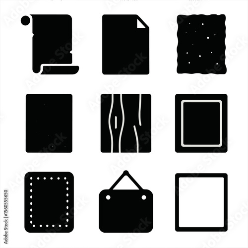 Writing Surfaces Icons. Solid, filled icon set of writing surfaces and materials: parchment sheet, vellum page, textured paper,