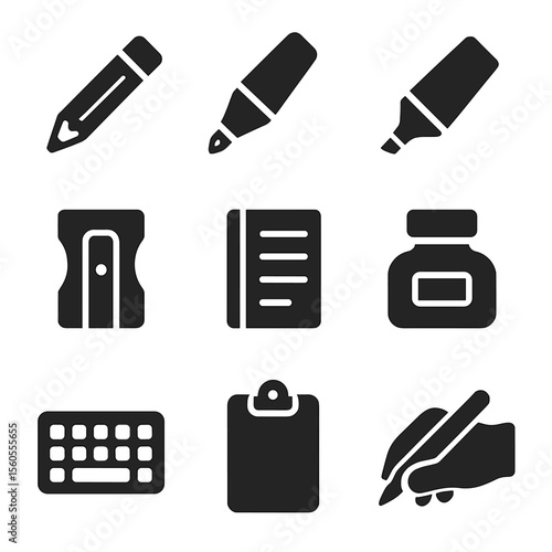 Writing Tools Icons. Solid, filled icon set of writing tools: pencil, pen, highlighter, sharpener, notebook margin, ink bottle,