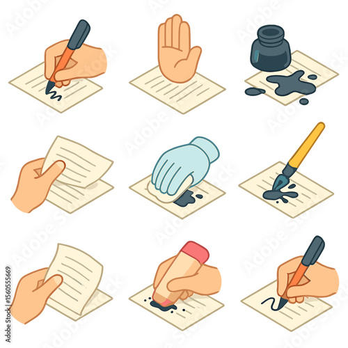 Writing Workflow Icons. Isometric Flat icon set of writing workflow mishaps: writing with pen, pausing hand, knocking ink bottle,