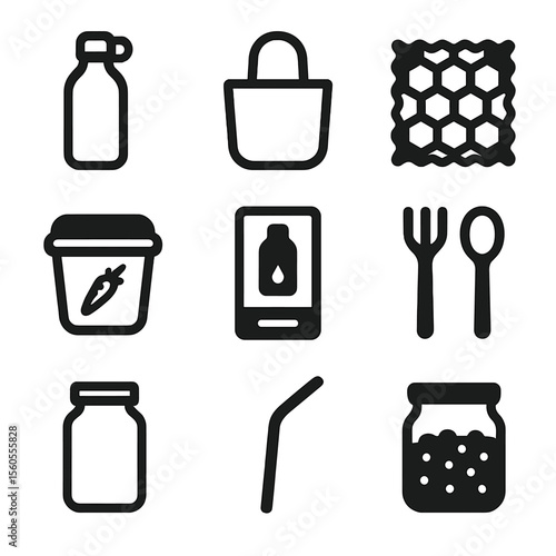 Zero Waste Icons. Solid, filled icon set of zero waste lifestyle: reusable bottle, cloth bag, beeswax wrap, compost bin, refill