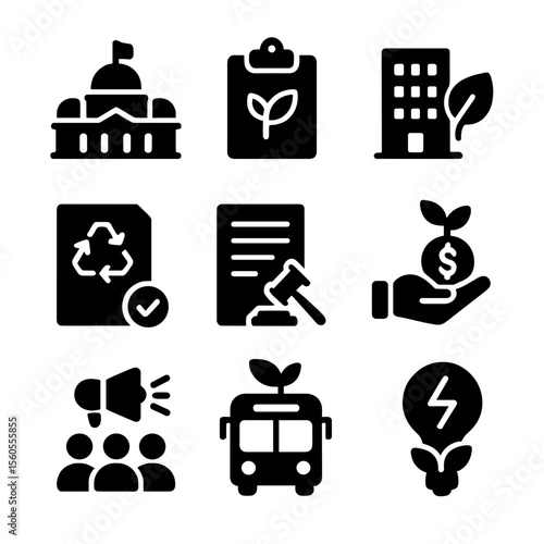 Zero Waste Icon Set. Solid, filled icon set of zero waste policy and governance: city council, sustainability plan, green building