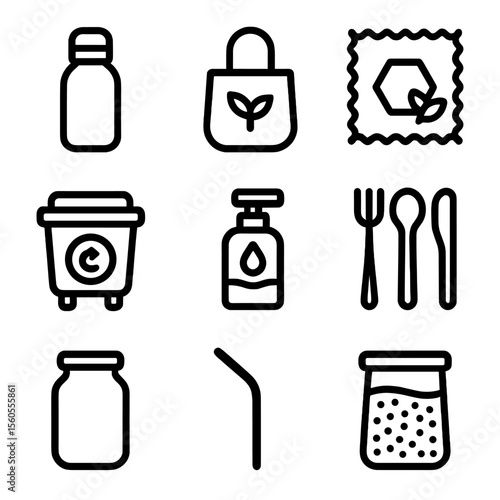 Zero Waste Icons. Solid, filled icon set of zero waste lifestyle: reusable bottle, cloth bag, beeswax wrap, compost bin, refill