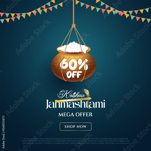 Happy janmashtmi sale banner with dahi handi. Vector illustration of Happy Krishna Janmashtami Sale social media feed template