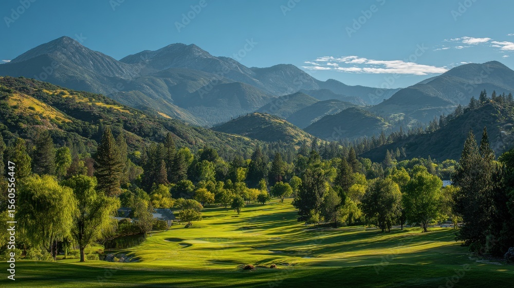 Fototapeta premium Scenic View of Green Golf Course Surrounded by Majestic Mountains