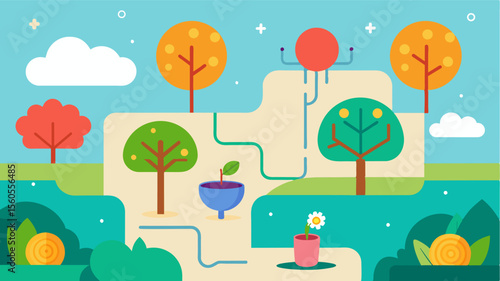 A garden filled with interactive features such as puzzles games and memory prompts to engage and challenge the brain and improve overall cognitive function.. Vector illustration