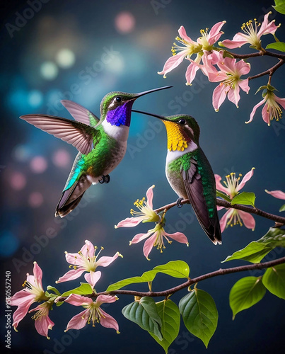 Mystic Hummingbirds on Dogwood Blooms in Ethereal Garden Twilight

