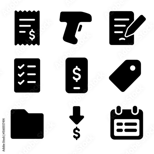 Expense Tracking Icons. Solid, filled icon set of expense tracking: receipt, barcode scanner, pen on paper, checkmark list,