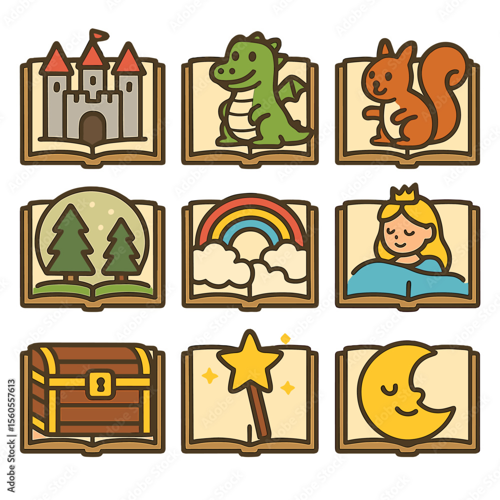 Naklejka premium Fairy Tale Icons. Flat icon set of children’s storybook pages: fairy tale castle, friendly dragon, talking squirrel, enchanted