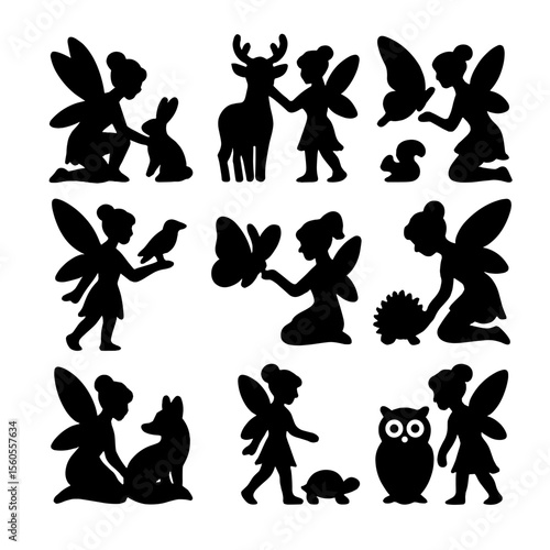 Fairy Animal Companions. Solid, filled icon set of fairy interaction with animals: rabbit companion, deer silhouette, squirrel