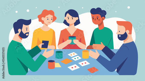 A group of coworkers playing a game during their lunch break where they have to recall personal details about each other. This game not only strengthens workplace relationships but. Vector