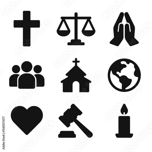 Faith and Justice Icons. Solid, filled icon set of faith and social justice: cross, scales, prayer hands, group of people, church,
