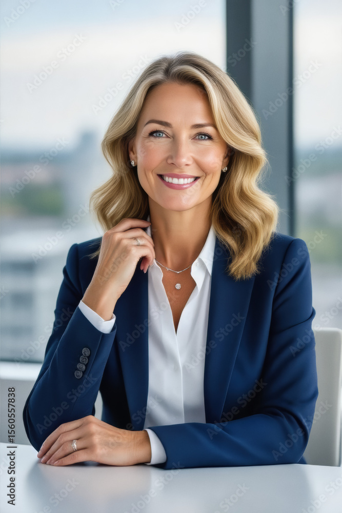A smiling, blonde woman in a navy blue suit and white shirt poses confidently in a modern office setting. A smiling, blonde woman in a navy blue suit and white shirt poses confidently in a modern office setting.