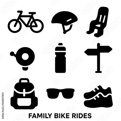 Family Bike Ride Icons. Solid, Filled icon set of family bike rides: bicycle, helmet, child seat, handlebar bell, water bottle,