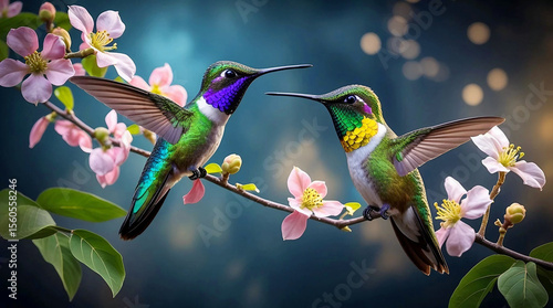 Mystic Hummingbirds on Dogwood Blooms in Ethereal Garden Twilight

