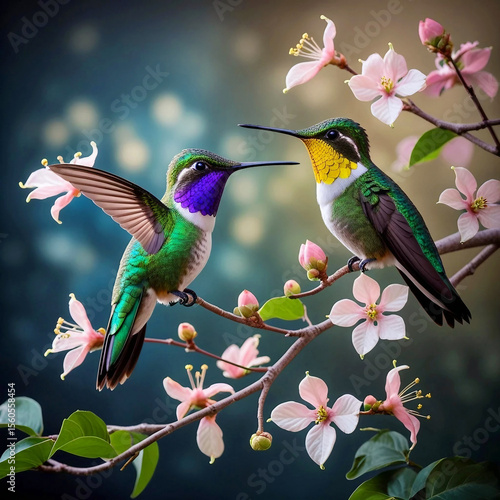 Mystic Hummingbirds on Dogwood Blooms in Ethereal Garden Twilight

