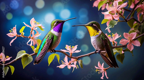 Mystic Hummingbirds on Dogwood Blooms in Ethereal Garden Twilight

