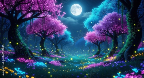 Enchanting Forest Under a Full Moon with Glowing Flora