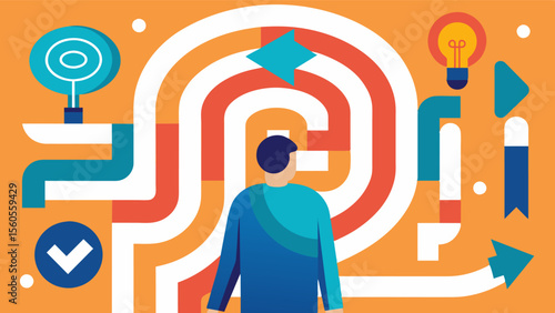 A person walking through a maze with signs pointing to different memories representing how these kits can guide individuals through their past and bring back forgotten moments.. Vector illustration