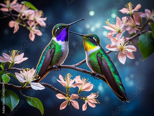 Mystic Hummingbirds on Dogwood Blooms in Ethereal Garden Twilight

