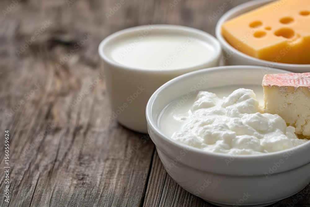 Fresh Milk, Cheese, and Yogurt Served in White Bowls Fresh Milk, Cheese, and Yogurt Served in White Bowls
