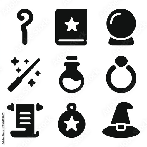 Fantasy Magic Icons. Solid, filled icon set of fantasy magic tools: wizard staff, spell book, crystal orb, magic wand, potion